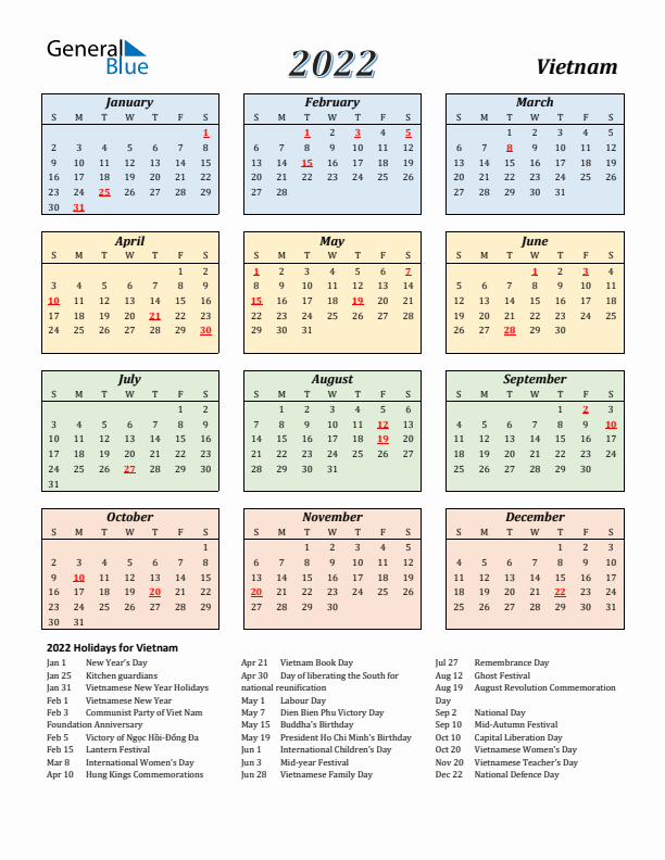 Vietnam Calendar 2022 with Sunday Start