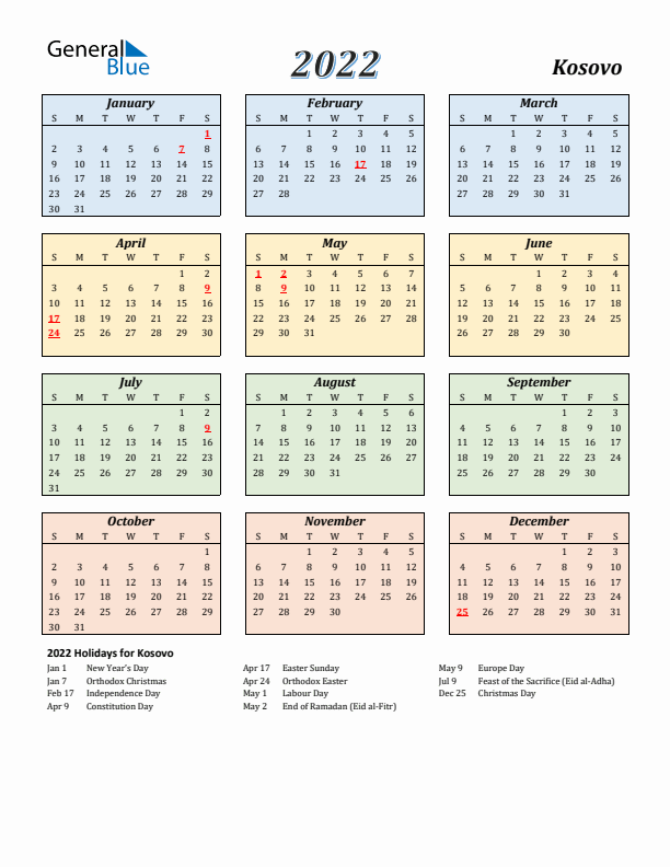 Kosovo Calendar 2022 with Sunday Start