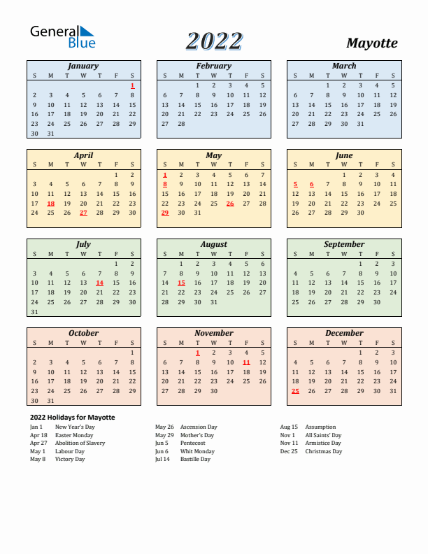 Mayotte Calendar 2022 with Sunday Start