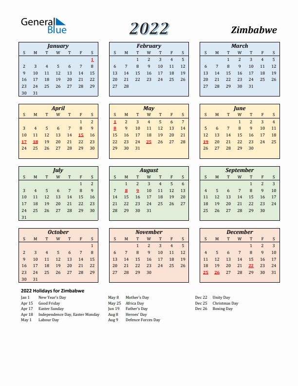 Zimbabwe Calendar 2022 with Sunday Start
