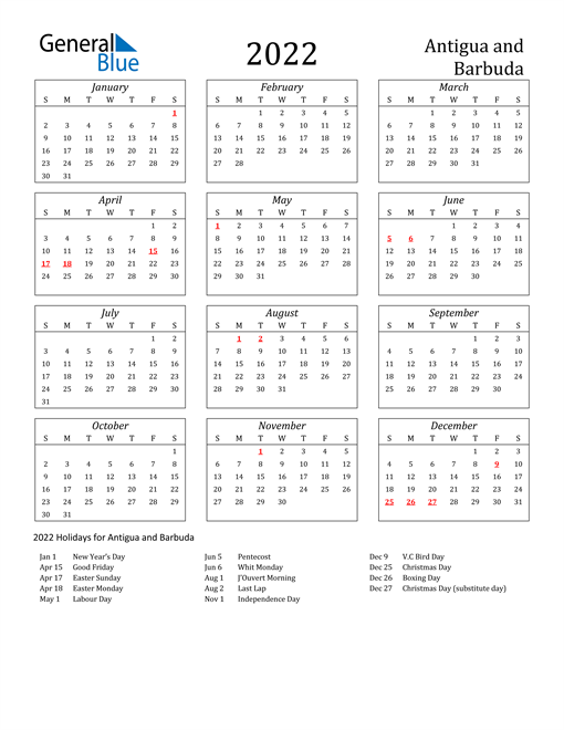 2022 Antigua and Barbuda Holiday Calendar