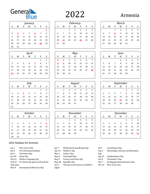 2022 Armenia Holiday Calendar