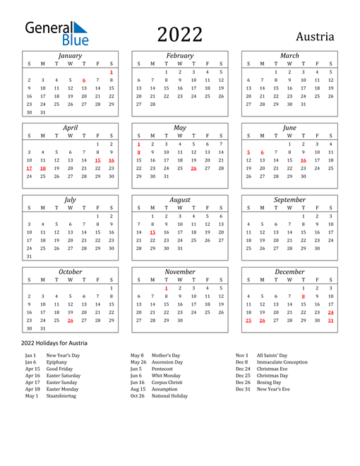 2022 calendar austria with holidays