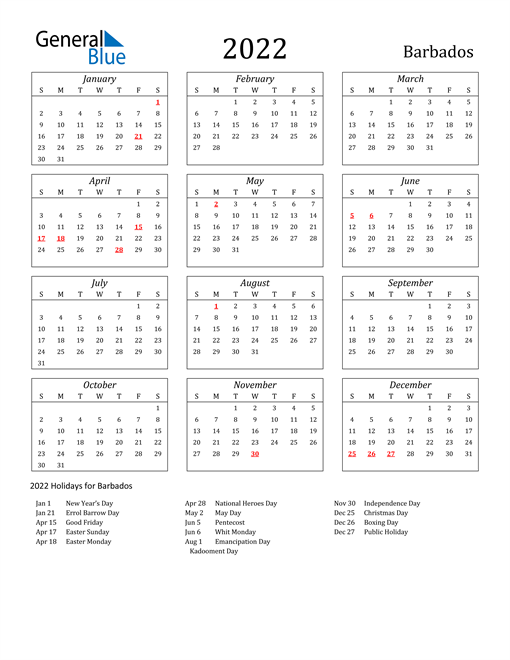 2022 Barbados Calendar with Holidays