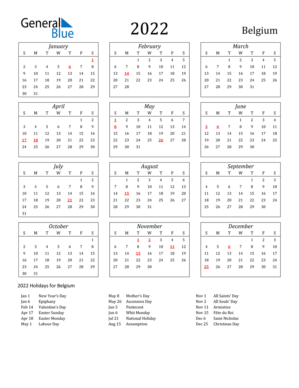 2022 Belgium Calendar with Holidays