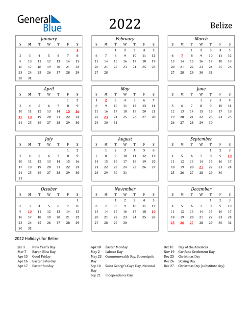 2022 calendar belize with holidays