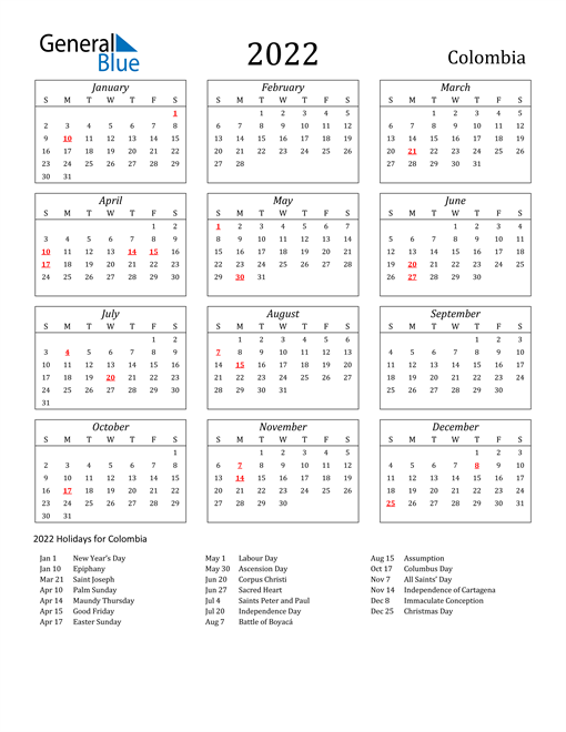 2022 Colombia Holiday Calendar