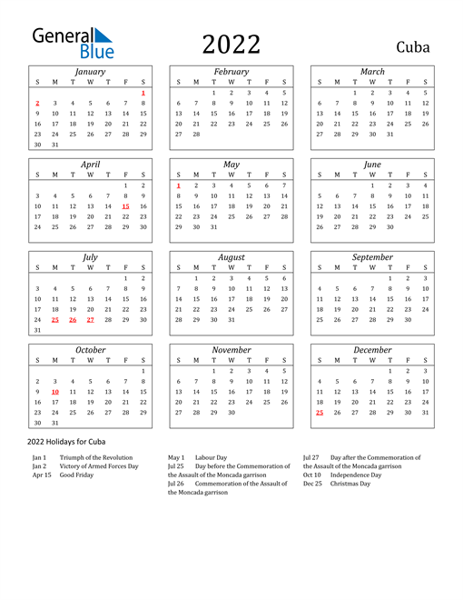 2022 calendar cuba with holidays