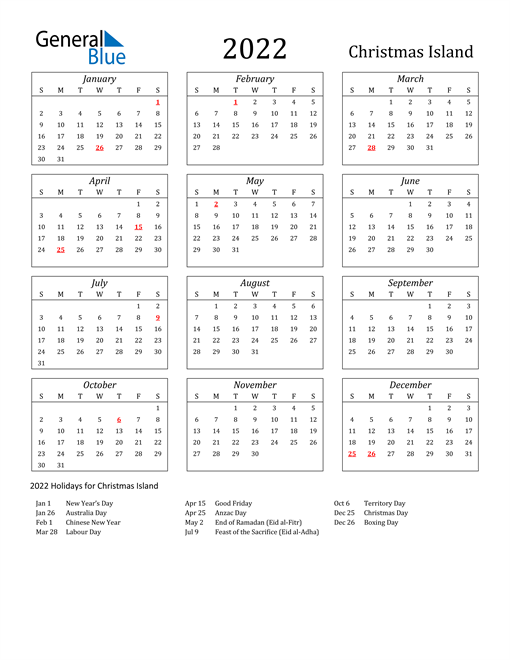 2022 Christmas Island Holiday Calendar