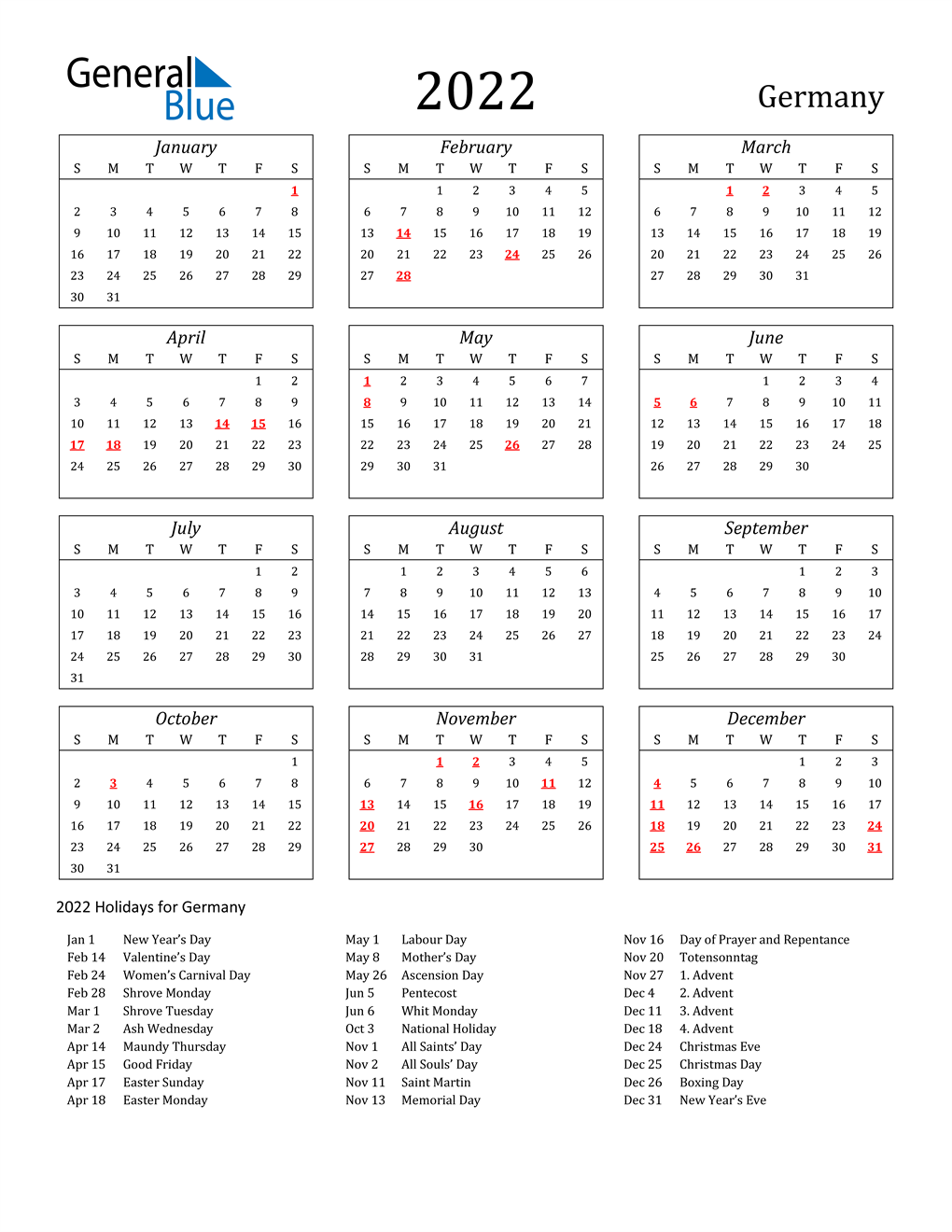 2022 Germany Calendar With Holidays