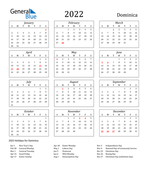 2022 Dominica Holiday Calendar