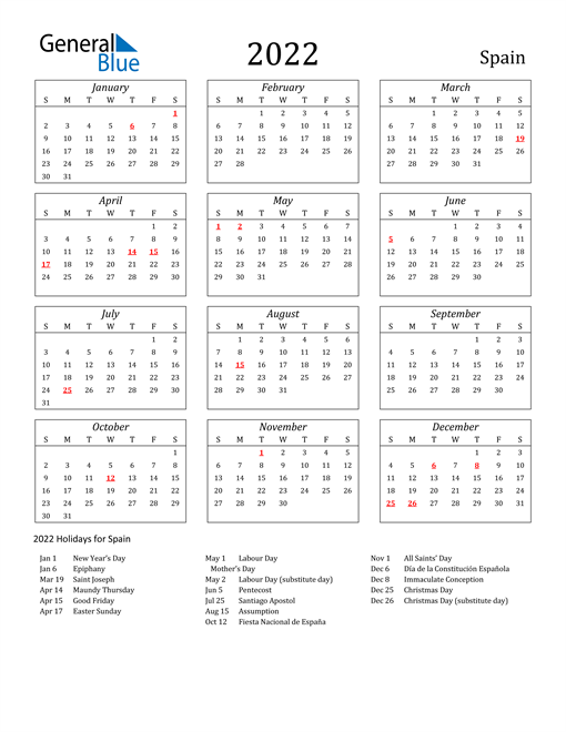 2022 Spain Holiday Calendar