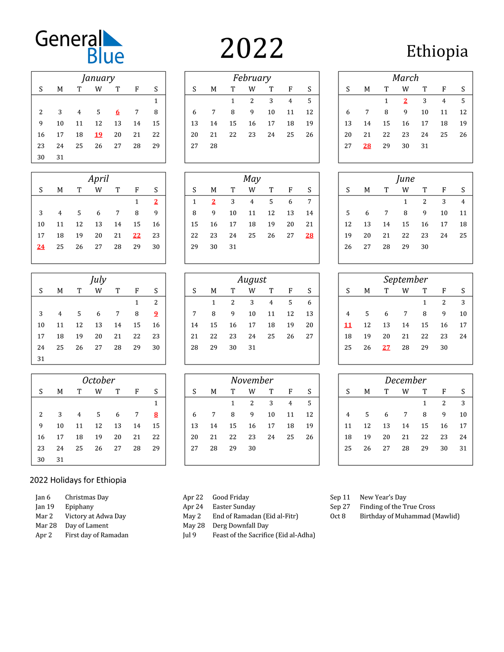 Ethiopian Calendar 2022 2022 Ethiopia Calendar With Holidays