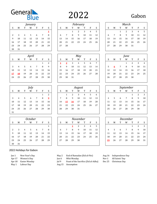 2022 calendar gabon with holidays