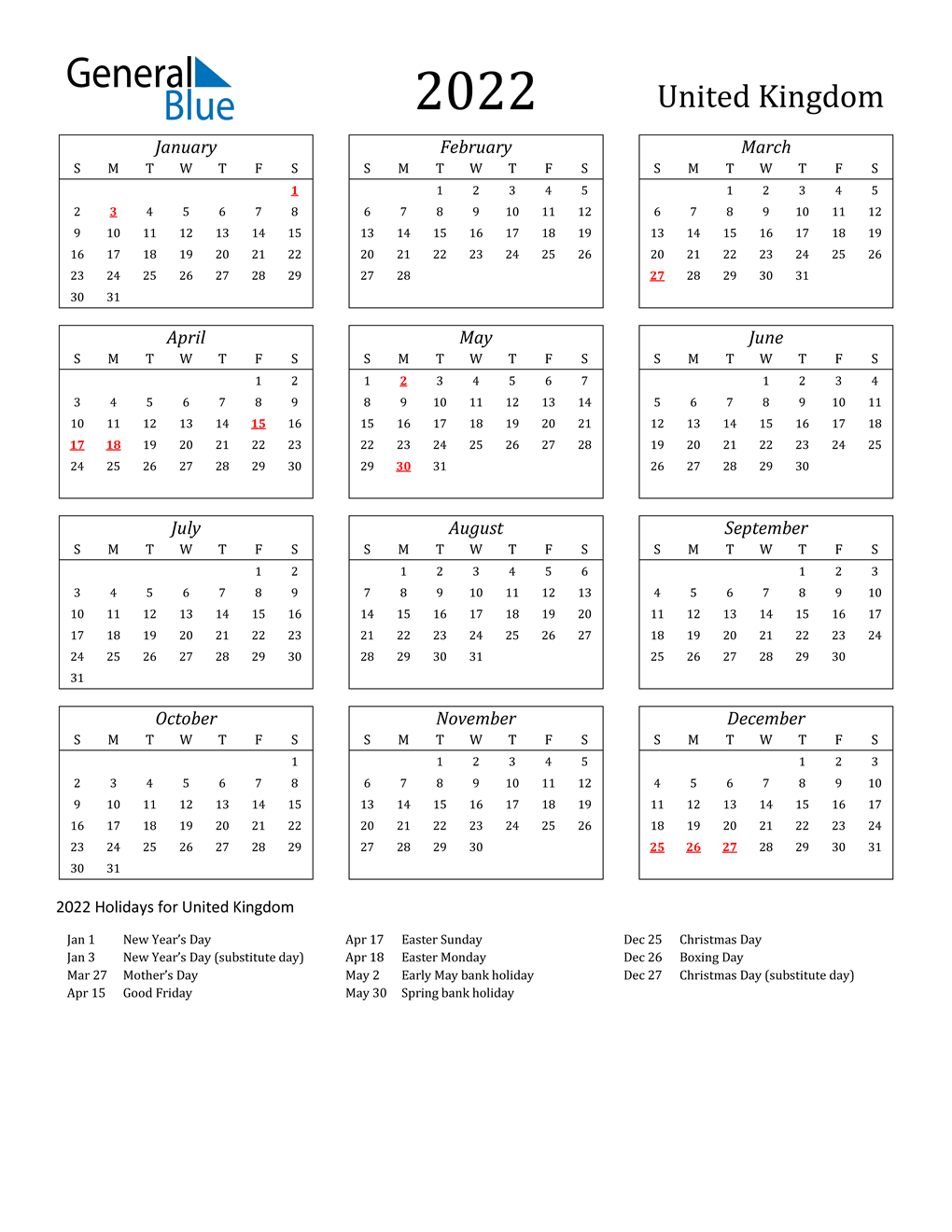20 United Kingdom Calendar with Holidays
