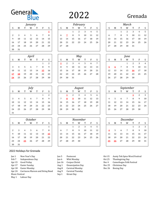 2022 Grenada Holiday Calendar