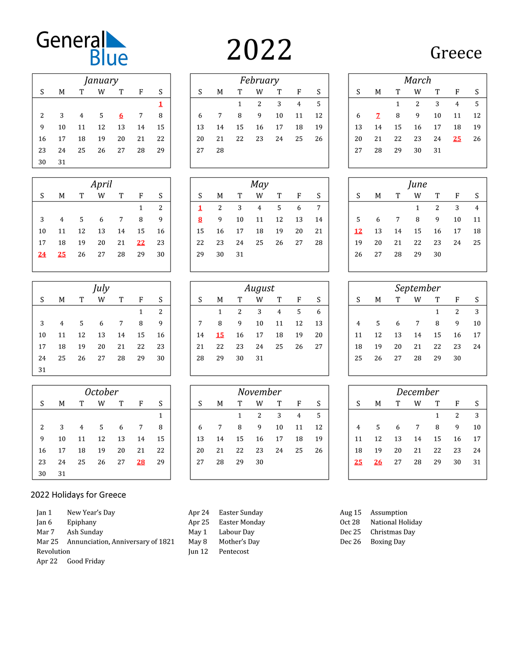 2022 Greece Calendar With Holidays