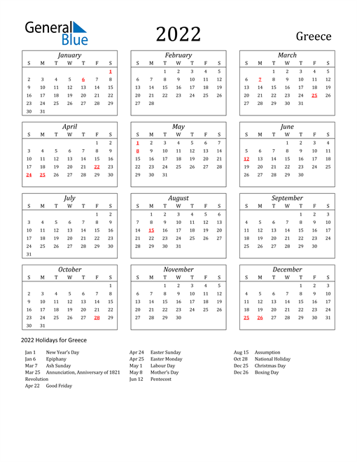 2022 Greece Holiday Calendar