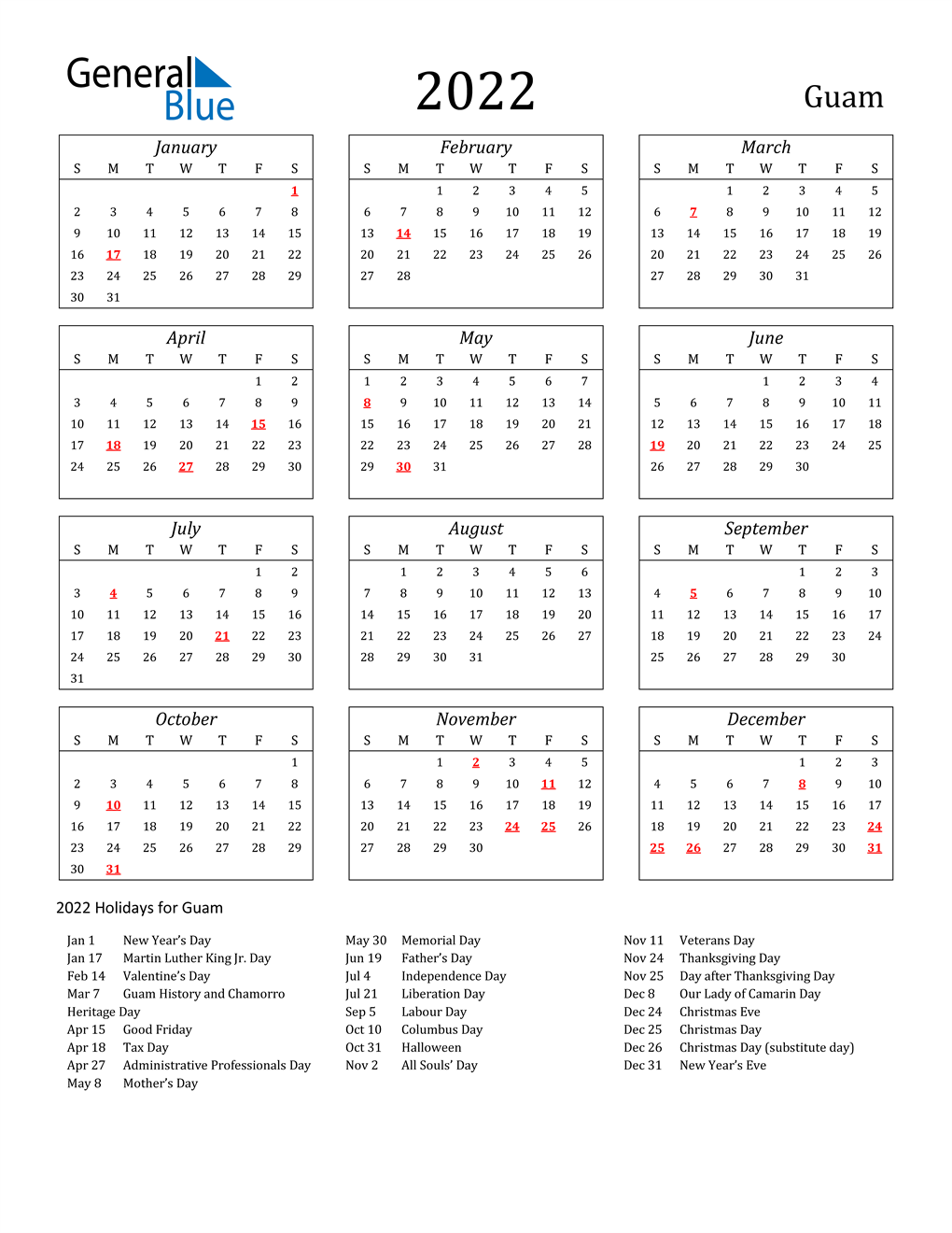 2022 Guam Calendar with Holidays