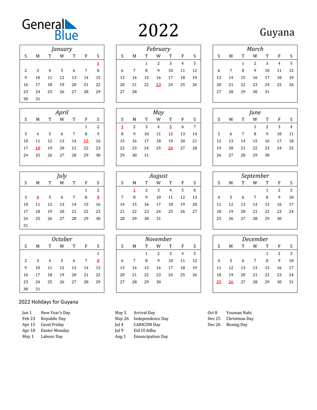 2022 Guyana Calendar with Holidays