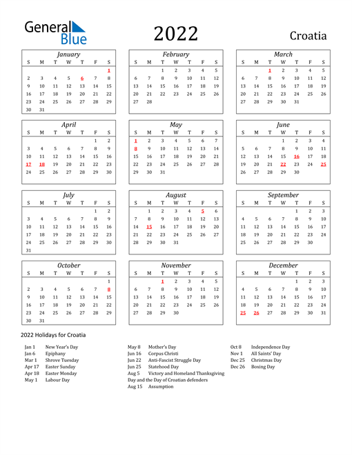 2022 Croatia Calendar with Holidays