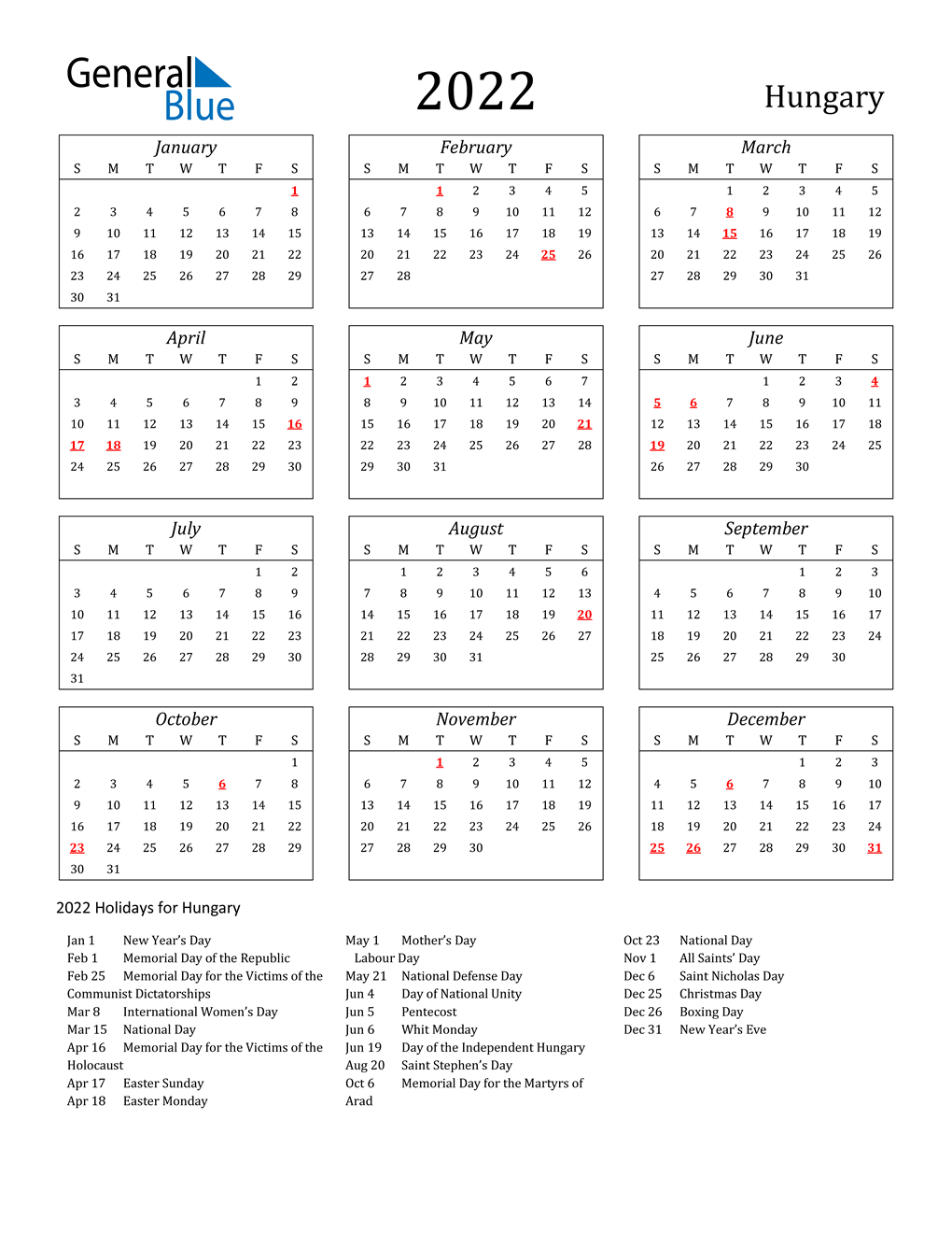 2022 Hungary Holiday Calendar