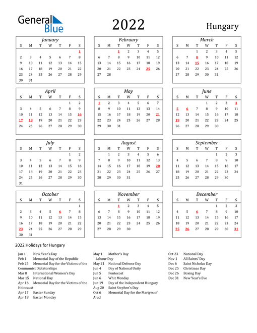 2022 calendar hungary with holidays