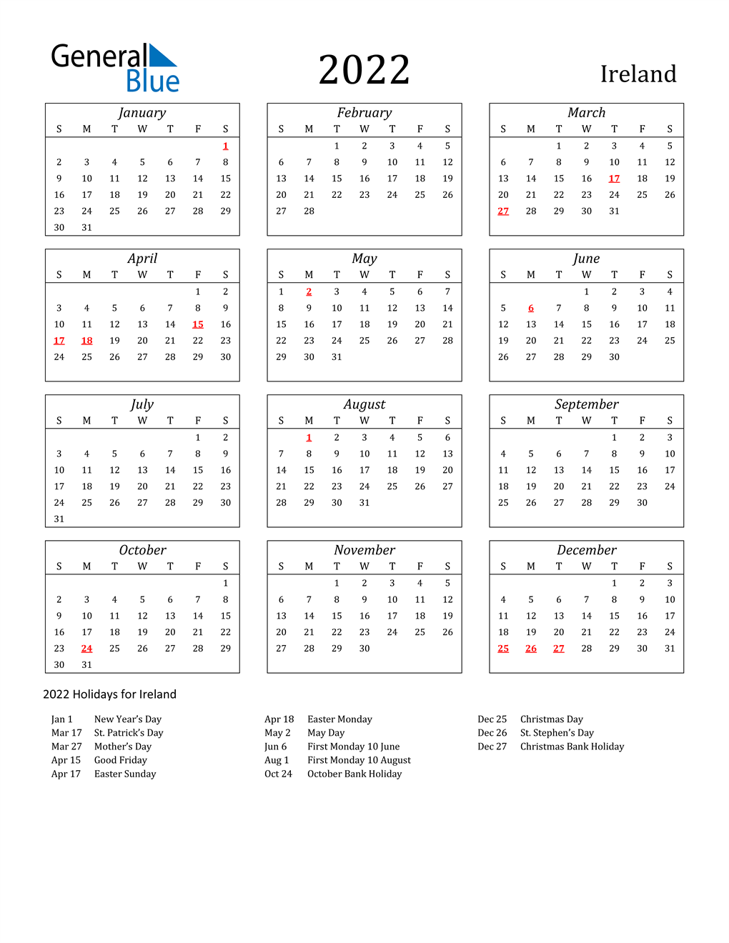 Irl 2022 Schedule 2022 Ireland Calendar With Holidays
