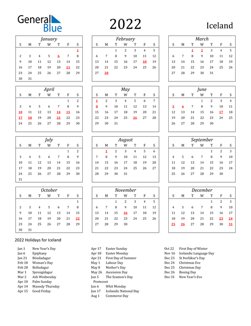 2022 calendar iceland with holidays