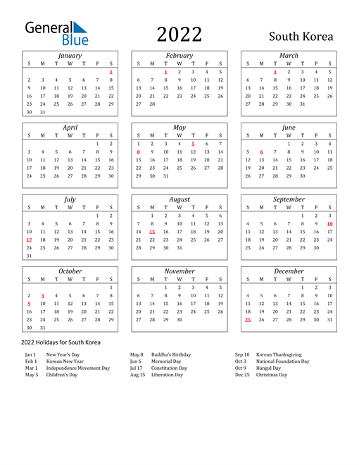 2022 South Korea Calendar With Holidays