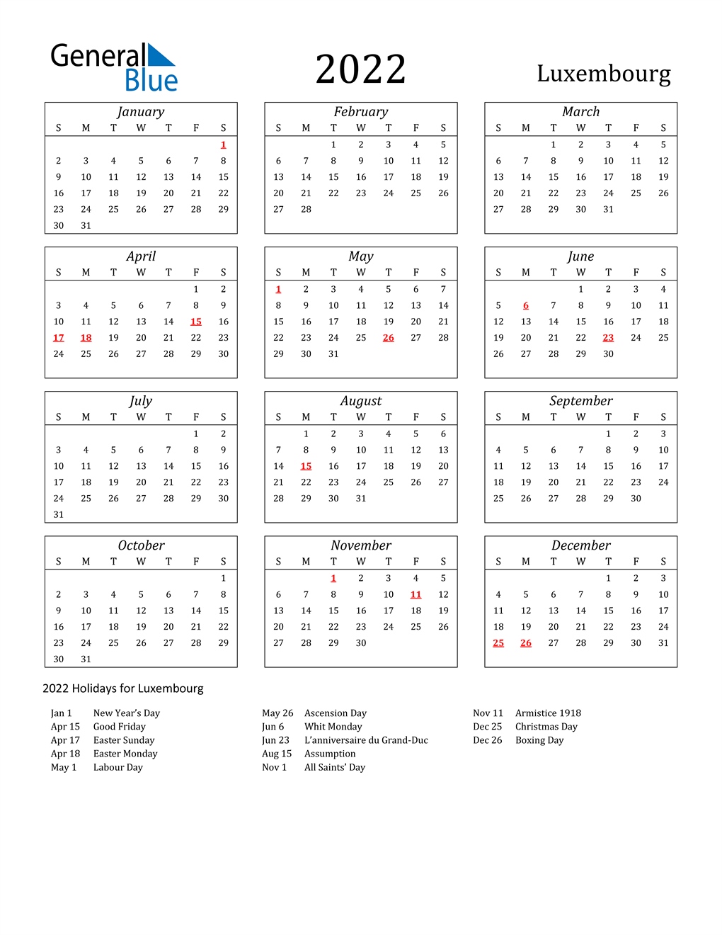 Calendrier Luxembourg 2023 2022 Luxembourg Calendar With Holidays