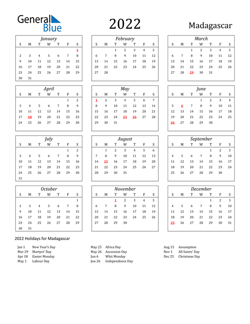 2022 Madagascar Holiday Calendar