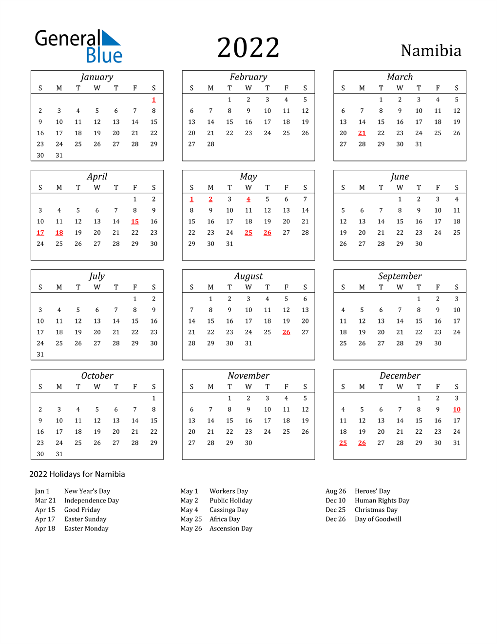 2022 Namibia Holiday Calendar