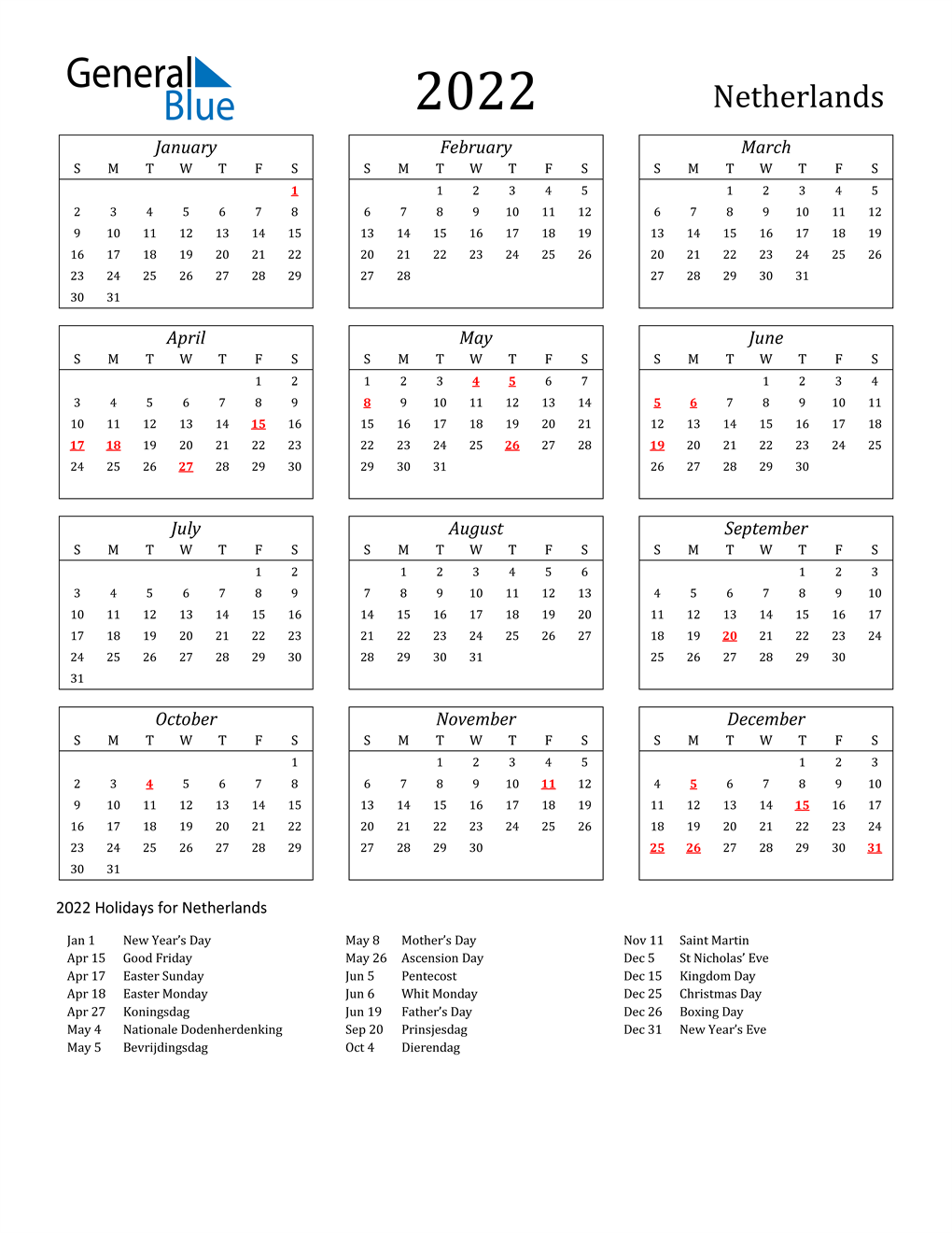 Free Printable Calendar 2022 With Holidays 2022 Netherlands Calendar With Holidays