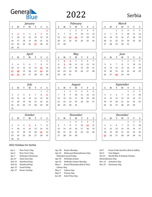 2022 Serbia Holiday Calendar