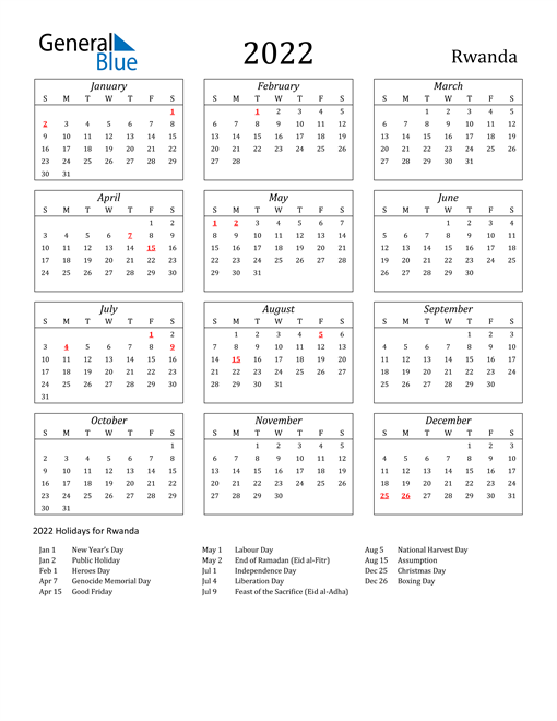 2022 Rwanda Holiday Calendar