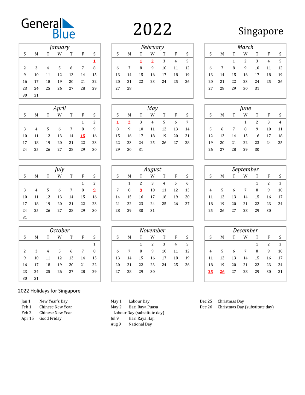 Days Calendar 2022 2022 Singapore Calendar With Holidays
