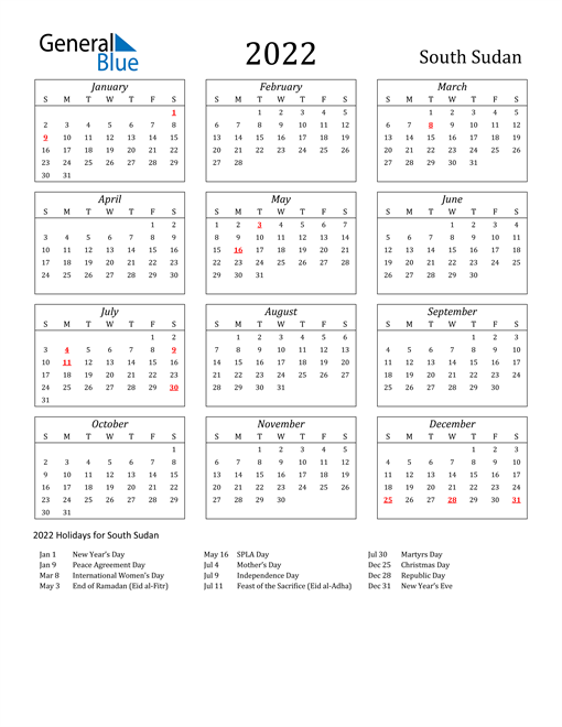 2022 calendar south sudan with holidays