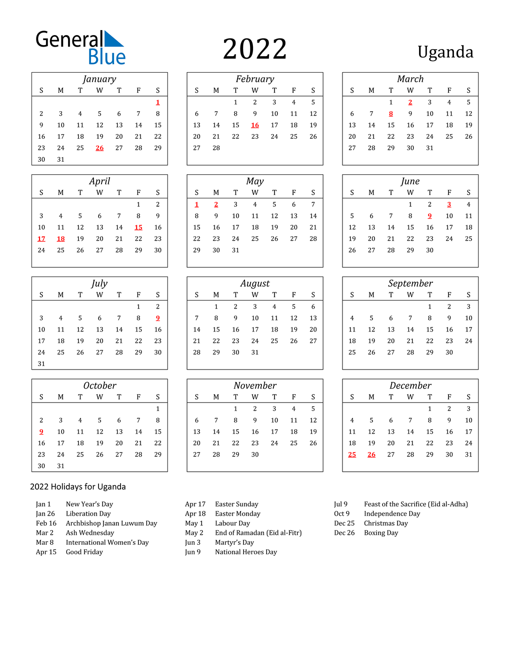 Dongcong Net Calendar 2022 2022 Uganda Calendar With Holidays