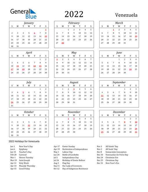 2022 Venezuela Holiday Calendar