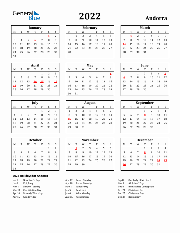 2022 Andorra Holiday Calendar - Monday Start