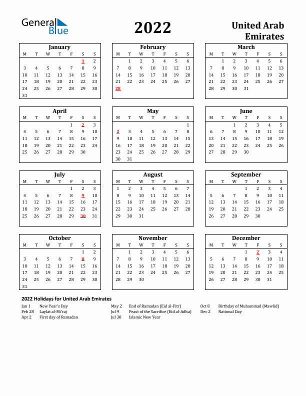 2022 United Arab Emirates Holiday Calendar - Monday Start