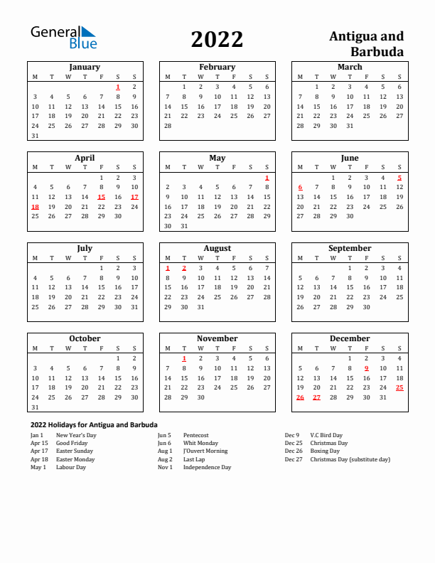 2022 Antigua and Barbuda Holiday Calendar - Monday Start