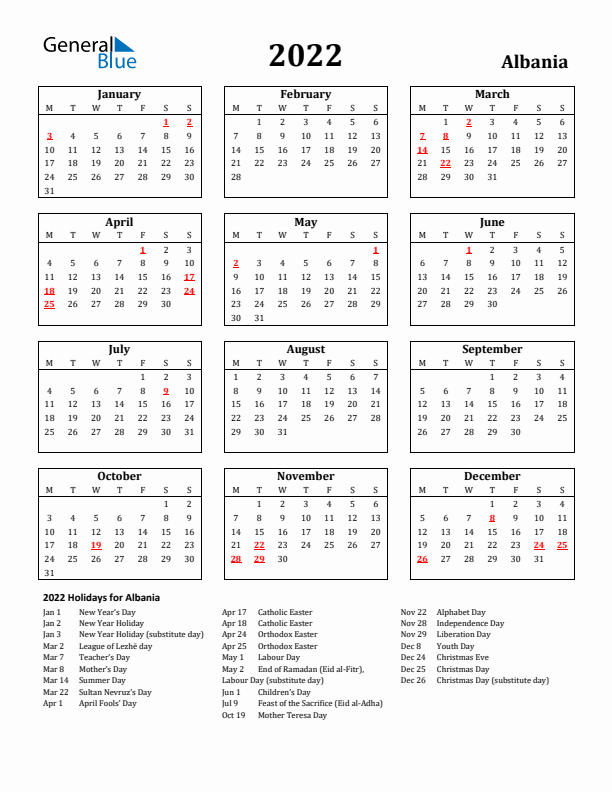 2022 Albania Holiday Calendar - Monday Start