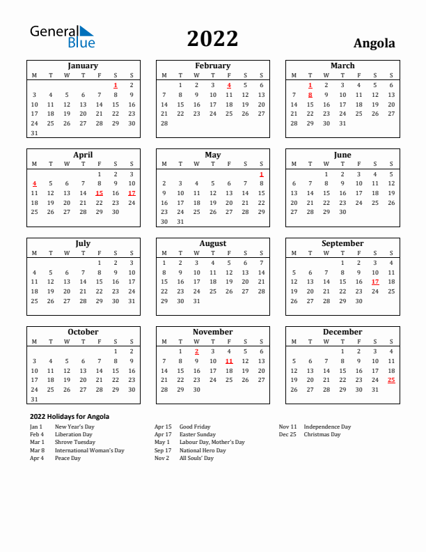 2022 Angola Holiday Calendar - Monday Start