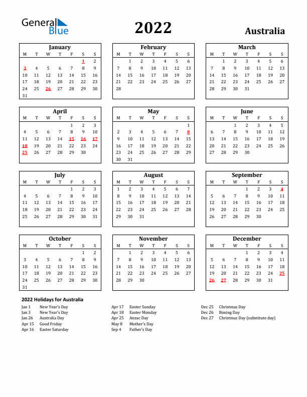 2022 Australia Holiday Calendar - Monday Start