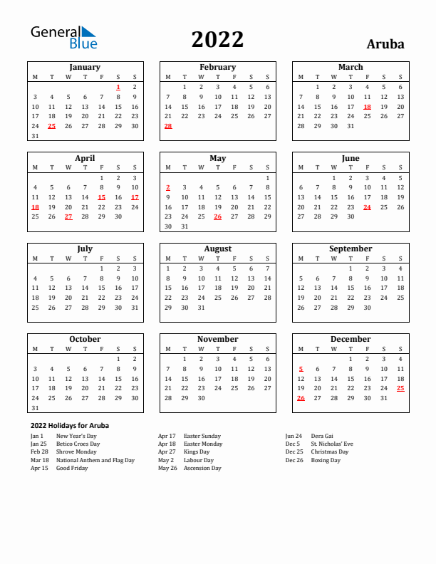 2022 Aruba Holiday Calendar - Monday Start