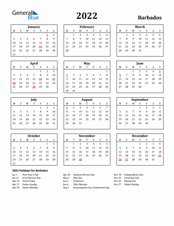 2022 Barbados Holiday Calendar - Monday Start