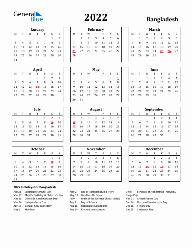 2022 Bangladesh Holiday Calendar - Monday Start