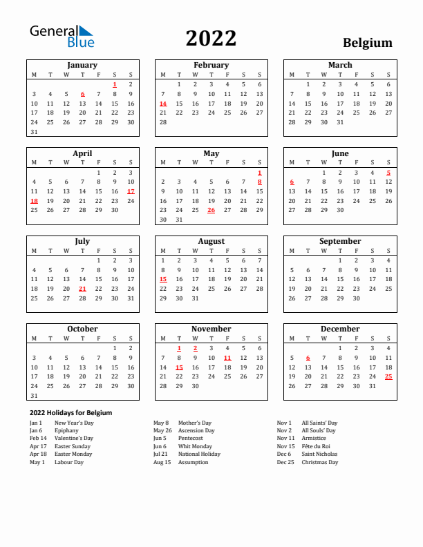 2022 Belgium Holiday Calendar - Monday Start